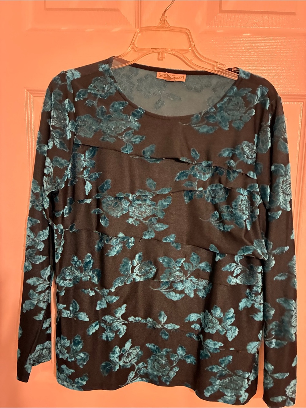 Dana Buchman Black Top with Teal Floral Burnout